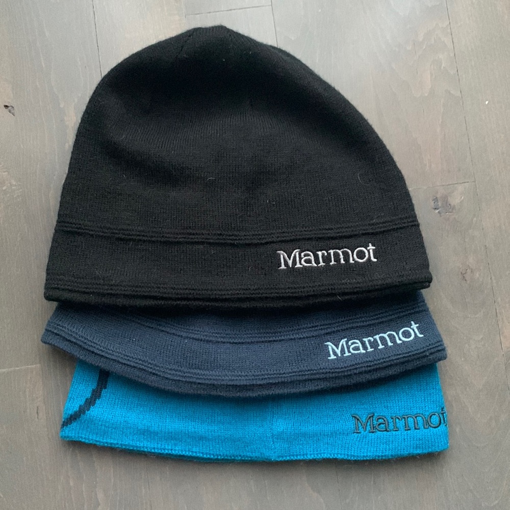 Three Marmot Beanies: Black, Navy and Turquoise